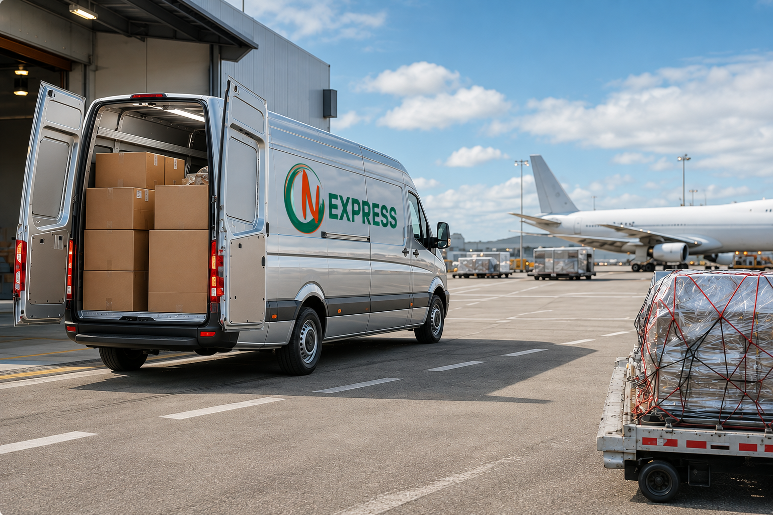 Van de carga em operação urgente próxima a terminal aéreo